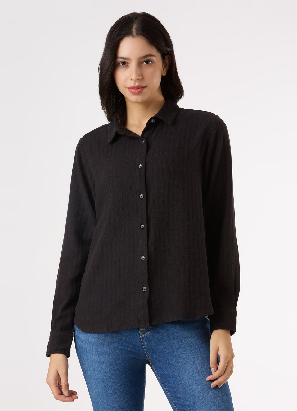 Women Black Textured Regular Full Sleeve Shirt, , large image number 1