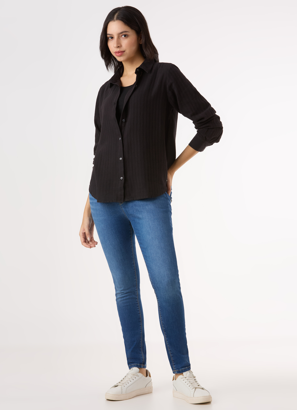 Women Black Textured Regular Full Sleeve Shirt, , large image number 5