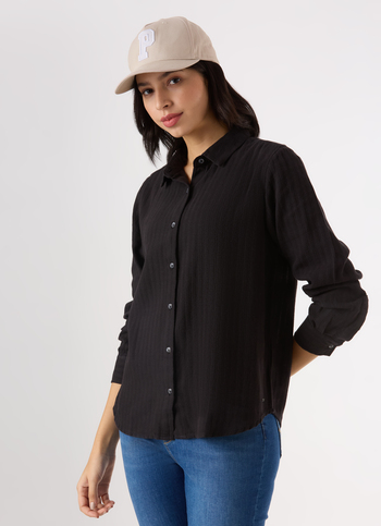Women Black Textured Regular Full Sleeve Shirt