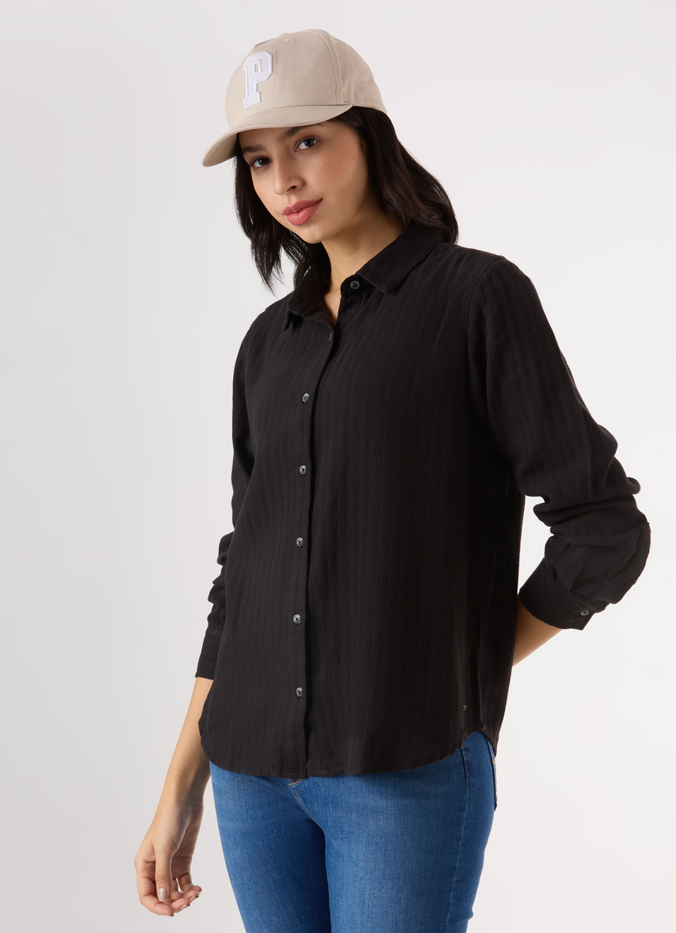 Women Black Textured Regular Full Sleeve Shirt, , large image number 0