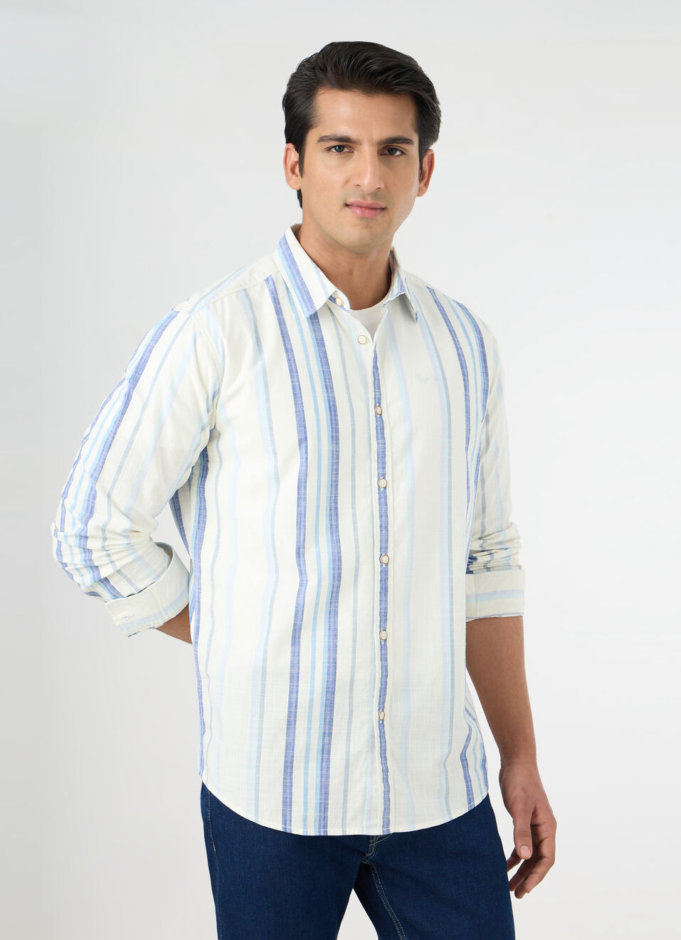 Men White Striped Shirt, , large image number 0