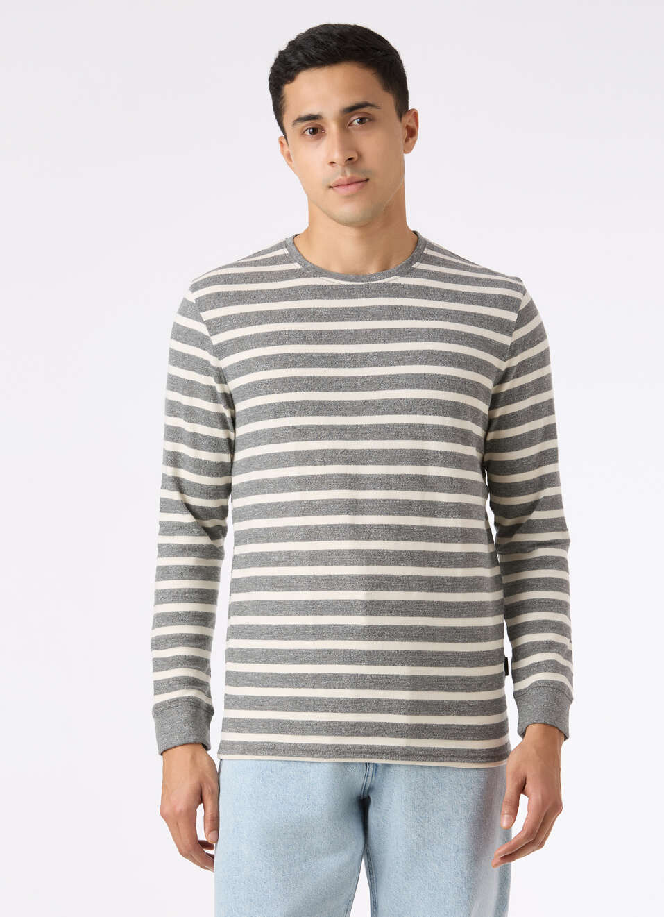 Men Grey Stripe Slim Fit Full Sleeve T-shirt, , large image number 1