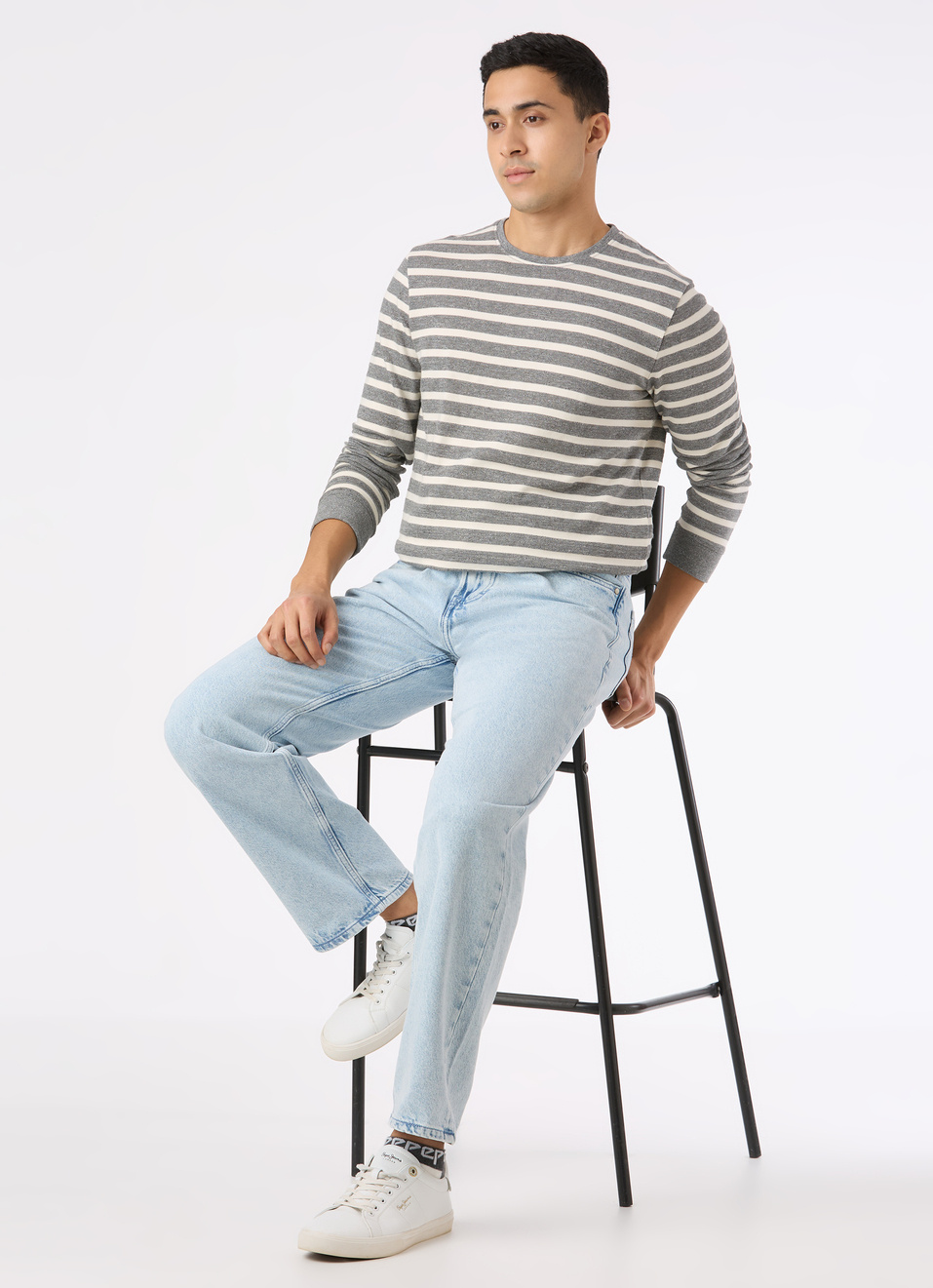 Men Grey Stripe Slim Fit Full Sleeve T-shirt, , large image number 5