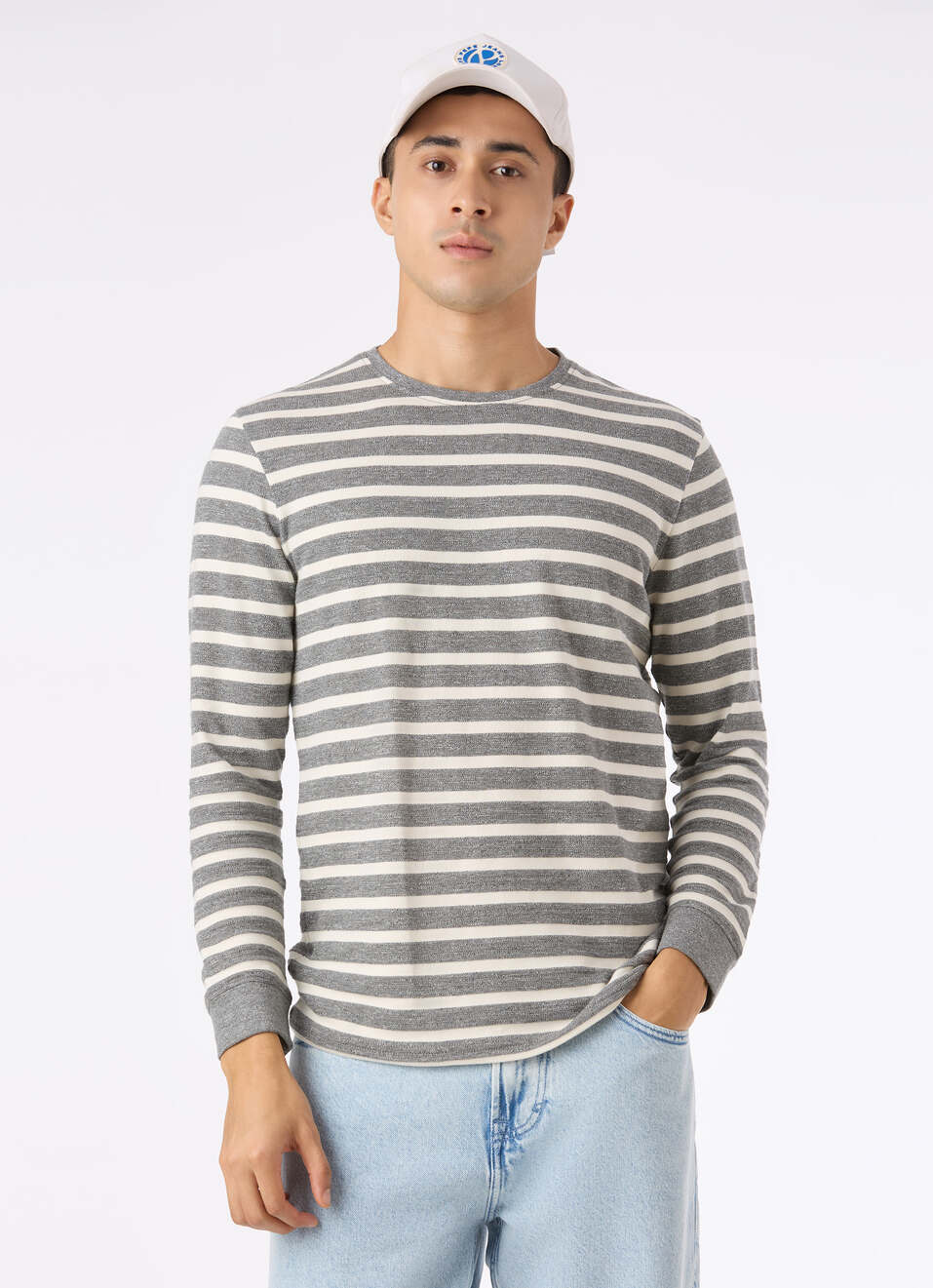 Men Grey Stripe Slim Fit Full Sleeve T-shirt, , large image number 0