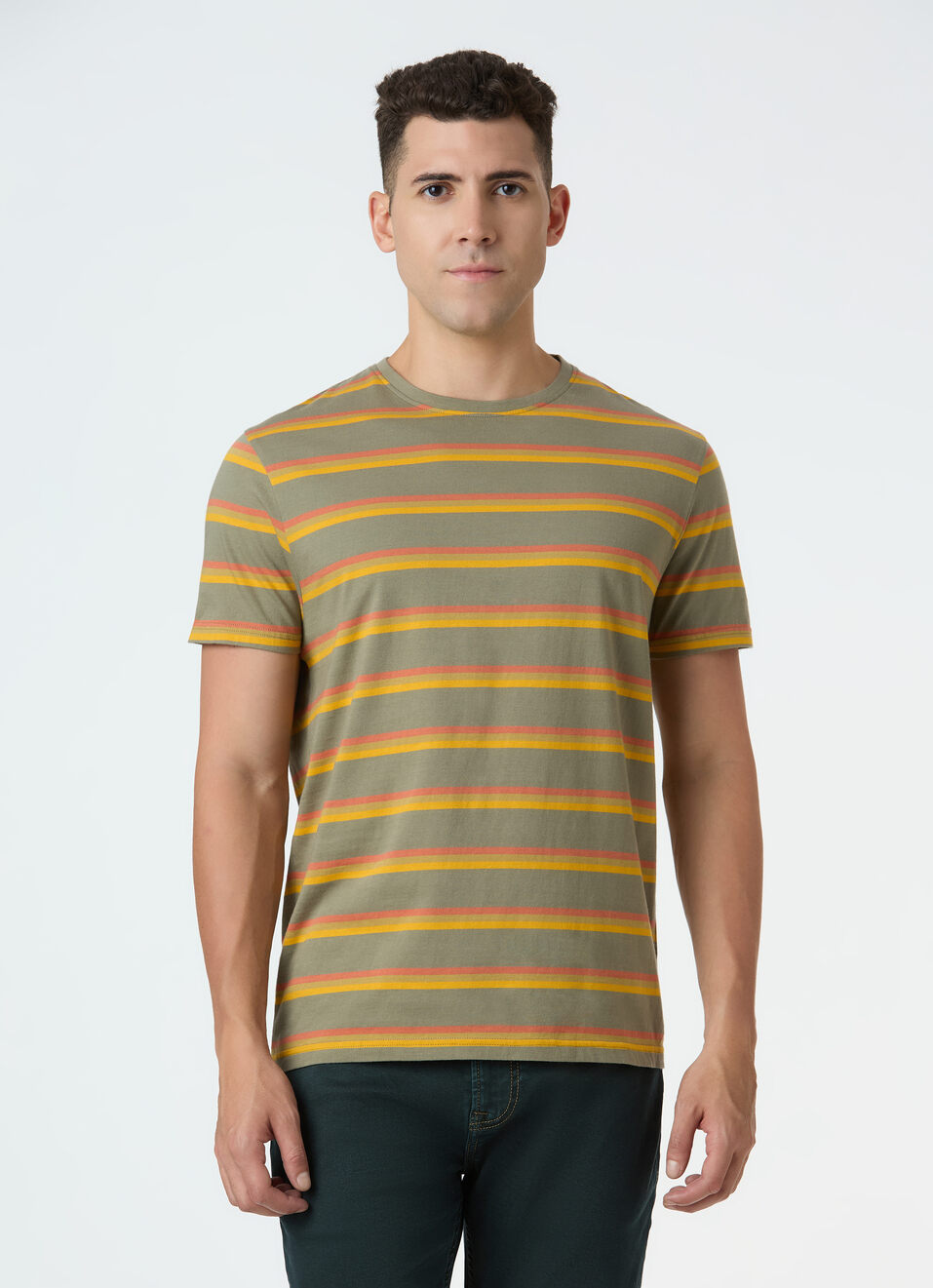 Men Olive Horizontal Stripe Short Sleeve T-shirt, , large image number 1