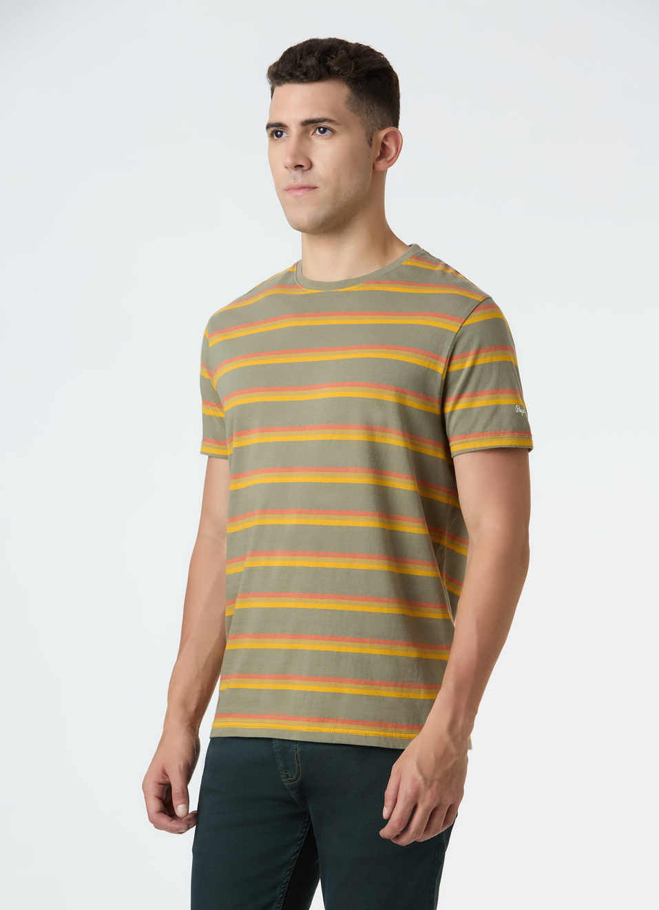 Men Olive Horizontal Stripe Short Sleeve T-shirt, , large image number 3
