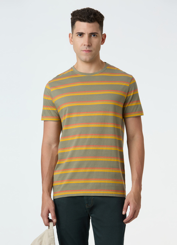 Men Olive Horizontal Stripe Short Sleeve T-shirt