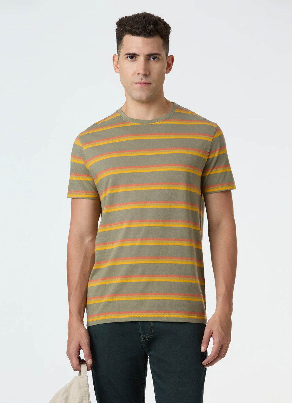 Men Olive Horizontal Stripe Short Sleeve T-shirt, , large image number 0
