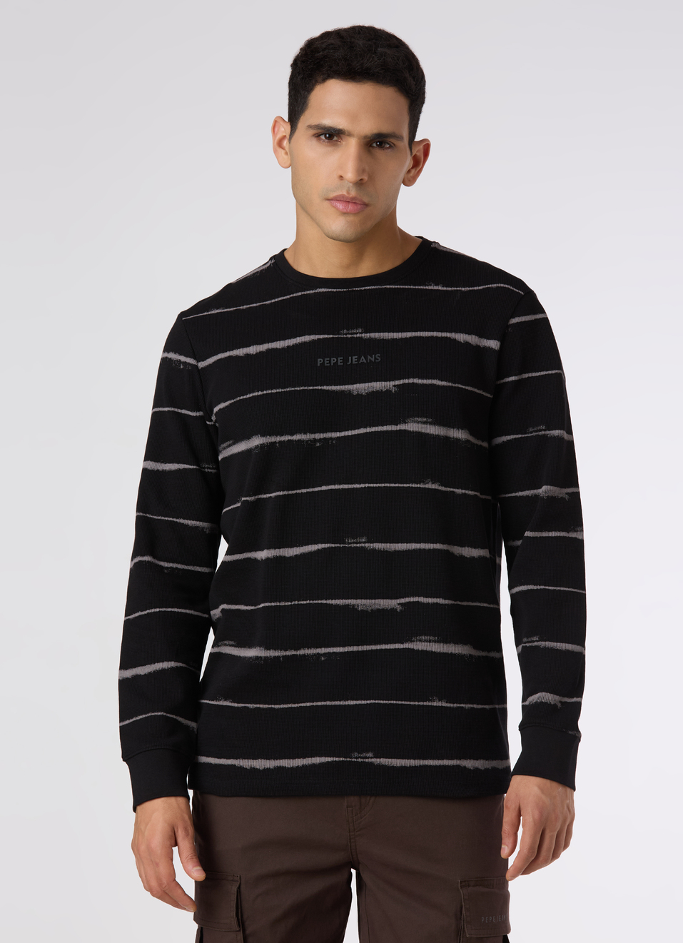 Men Black Slim Fit Striped Full Sleeve T-shirt, , large image number 1