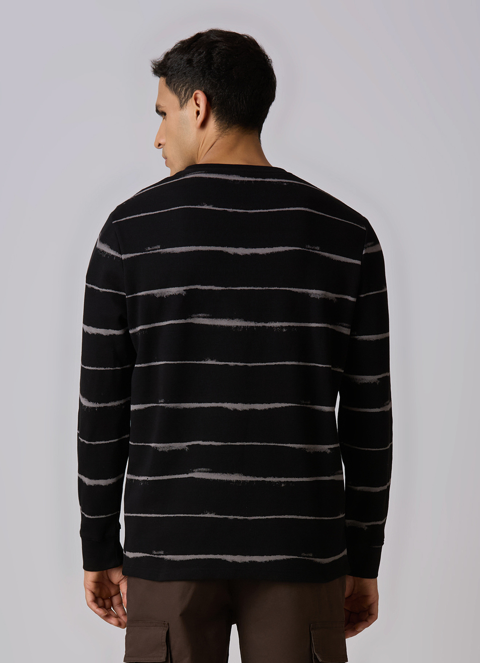 Men Black Slim Fit Striped Full Sleeve T-shirt, , large image number 2
