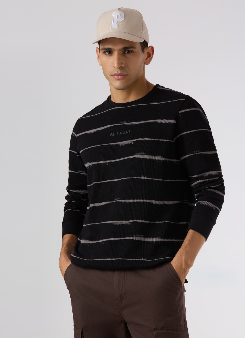 Men Black Slim Fit Striped Full Sleeve T-shirt, , large image number 0