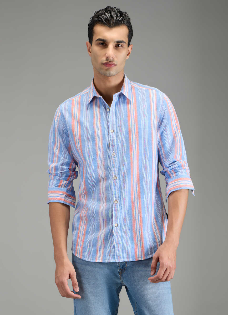 Men Blue Striped Shirt, , large image number 1