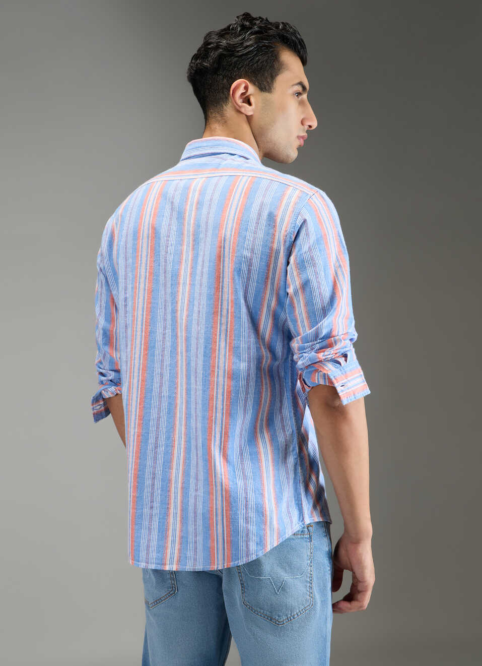 Men Blue Striped Shirt, , large image number 2