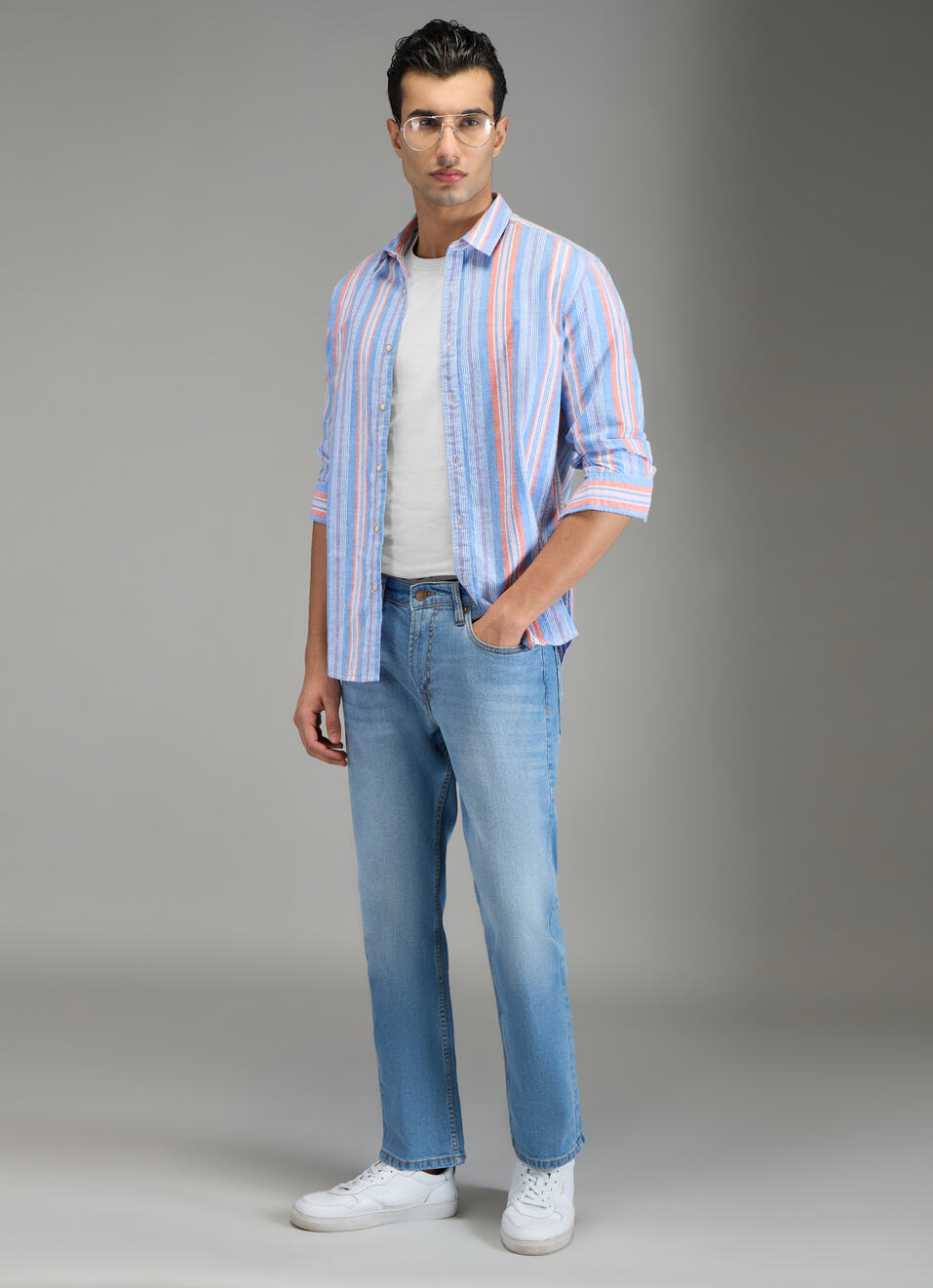 Men Blue Striped Shirt, , large image number 5