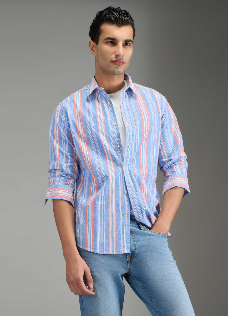 Men Blue Striped Shirt, , large image number 0