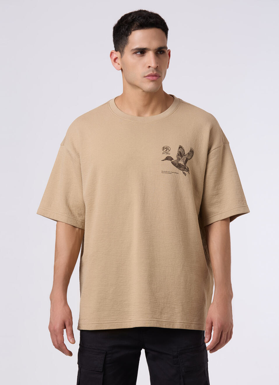 Men Oversized Beige Graphic Back Print T-shirt, , large image number 1