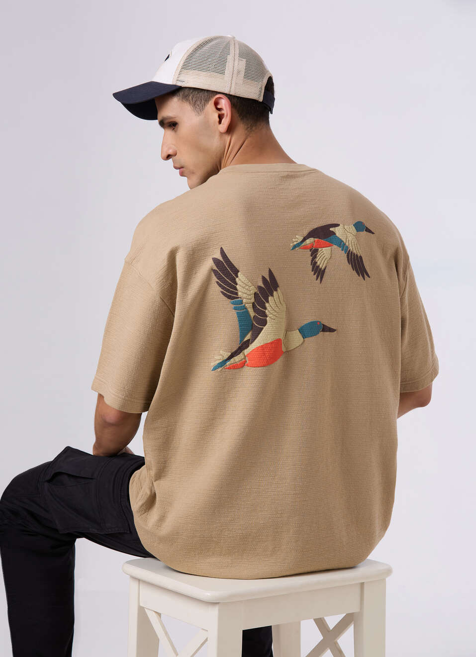 Men Oversized Beige Graphic Back Print T-shirt, , large image number 0