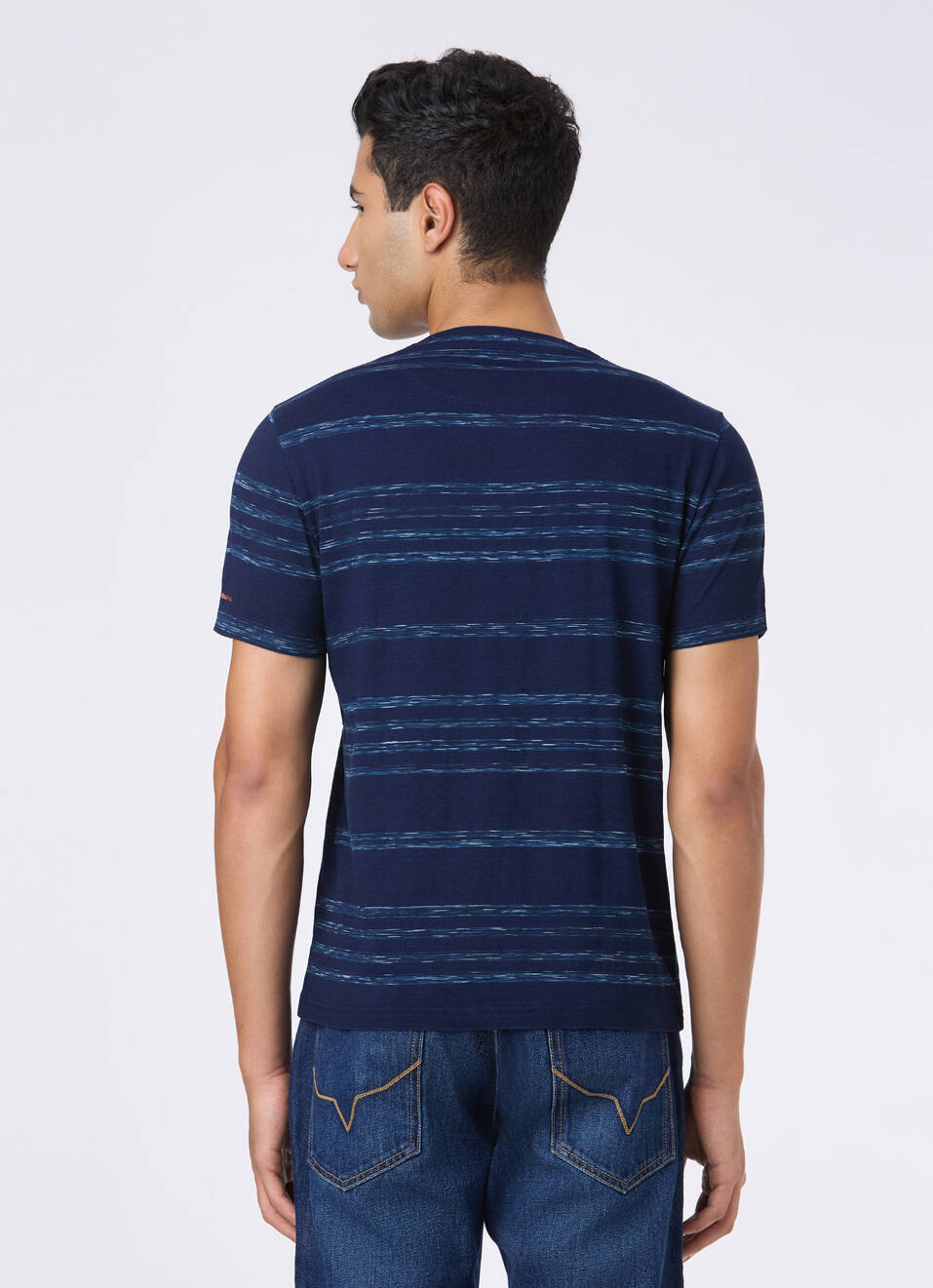Men Blue Textured Stripe Slim Short Sleeve T-shirt, , large image number 2