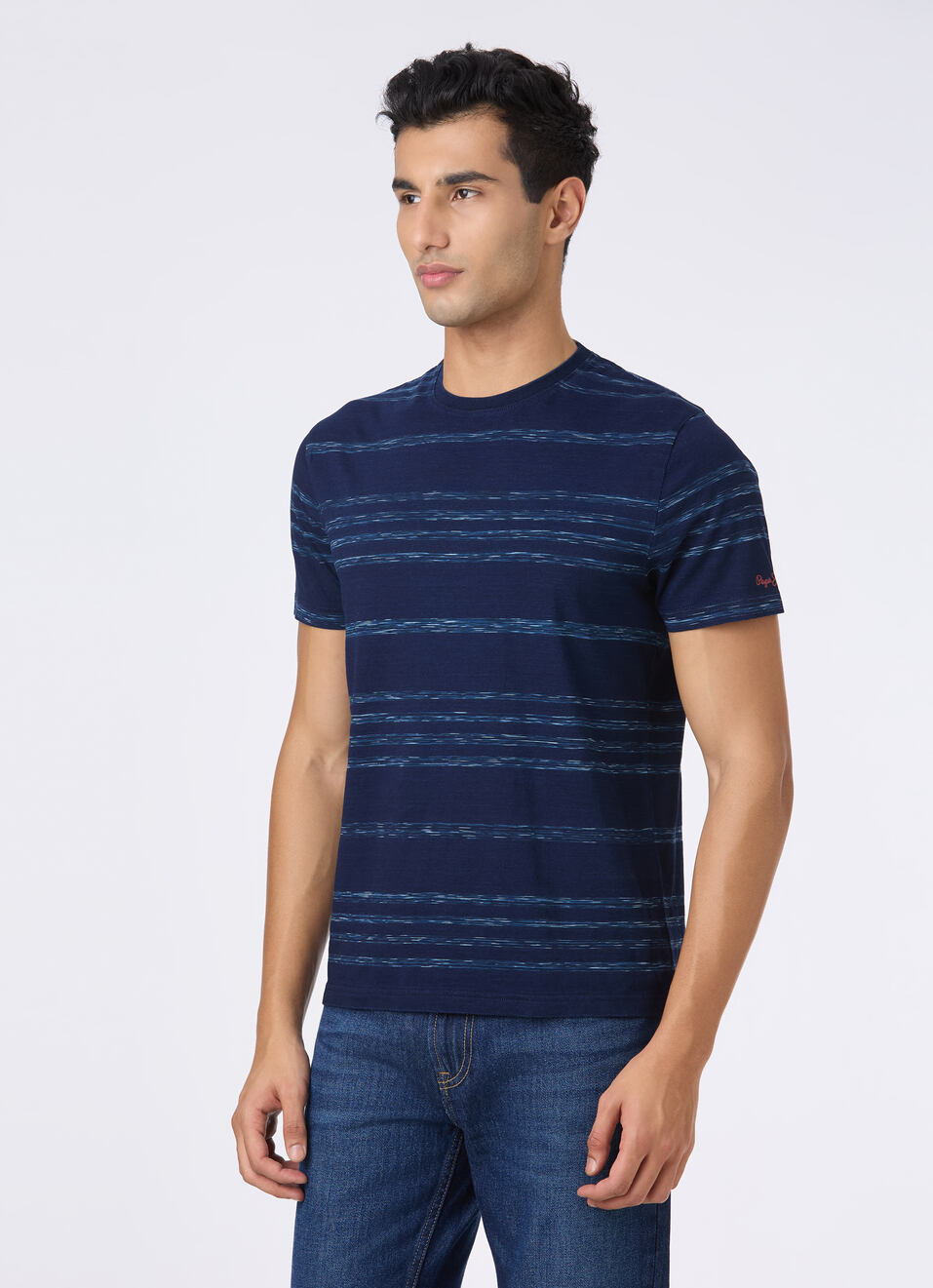 Men Blue Textured Stripe Slim Short Sleeve T-shirt, , large image number 3