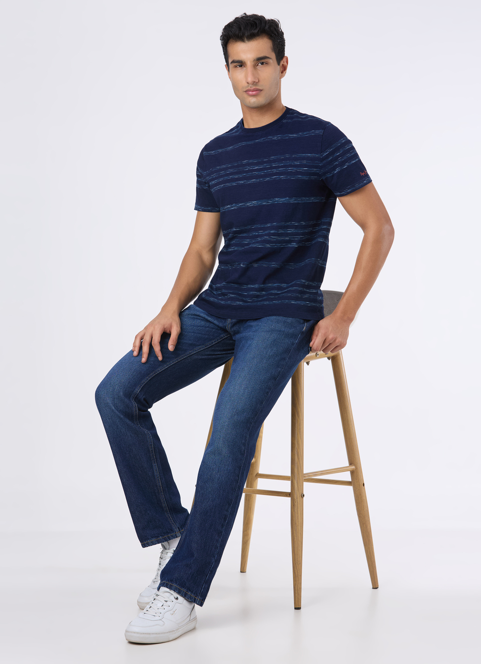 Men Blue Textured Stripe Slim Short Sleeve T-shirt, , large image number 5