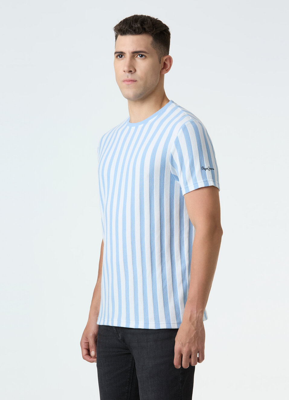 Men Sky Blue Vertical Stripe Short Sleeve T-shirt, , large image number 3