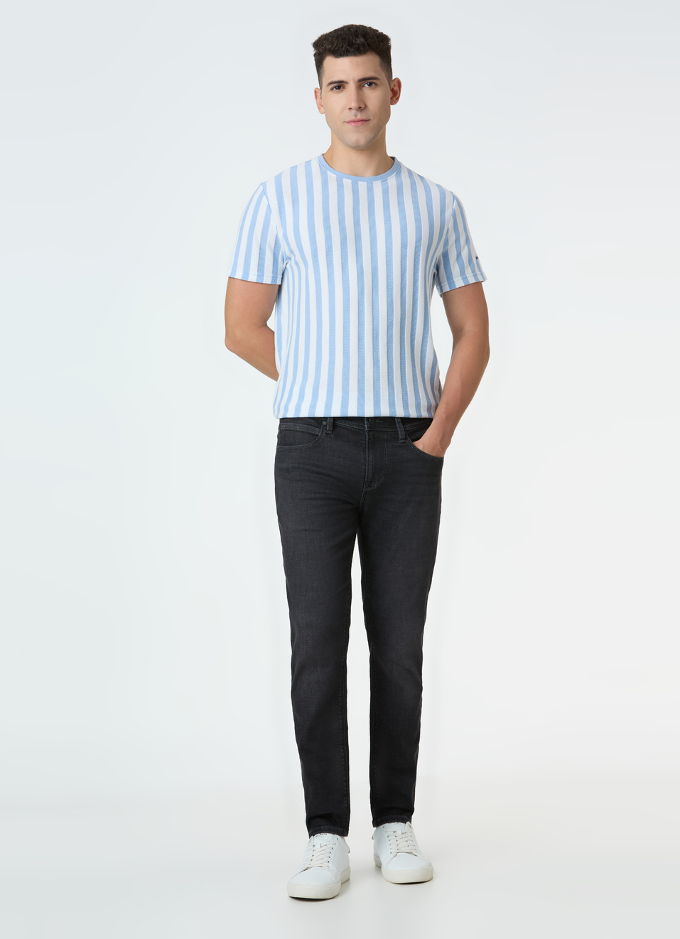 Men Sky Blue Vertical Stripe Short Sleeve T-shirt, , large image number 5