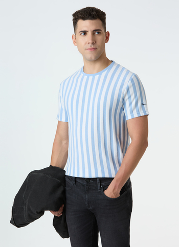Men Sky Blue Vertical Stripe Short Sleeve T-shirt