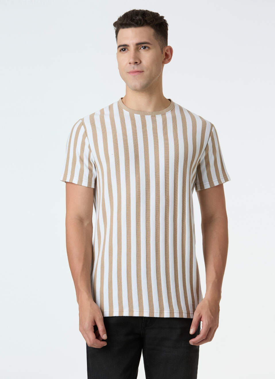 Men Beige & White Vertical Stripe T-shirt, , large image number 1