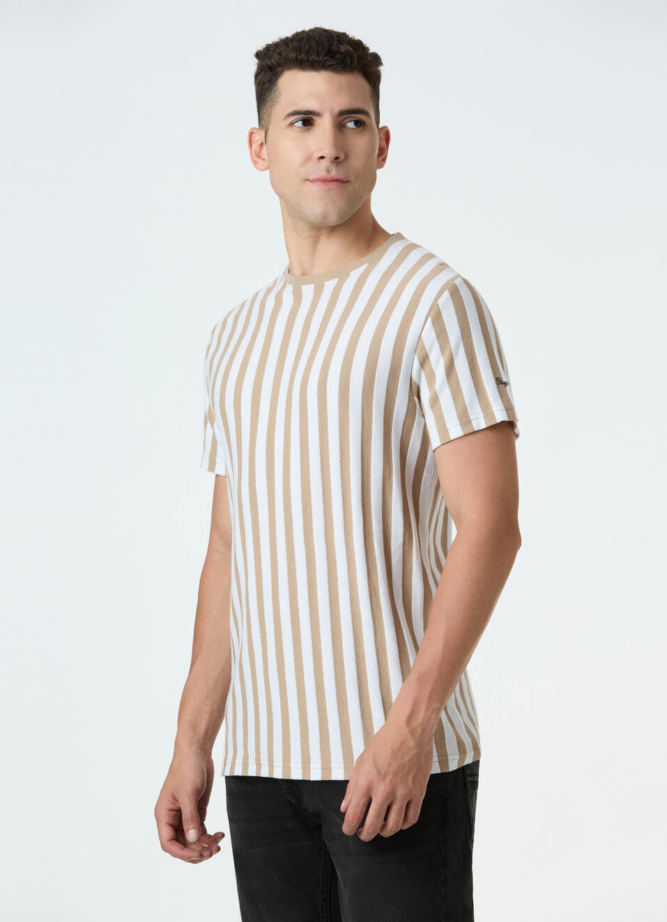 Men Beige & White Vertical Stripe T-shirt, , large image number 3