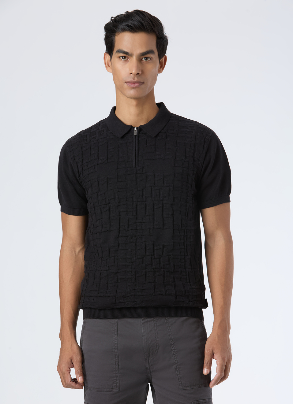 Men Black Letter Print Half Zip Polo Flat Knit, , large image number 1