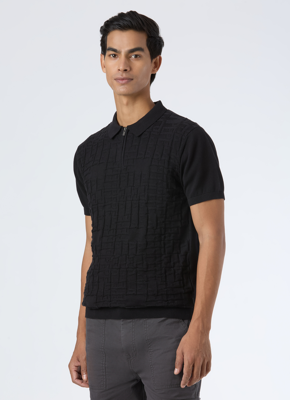 Men Black Letter Print Half Zip Polo Flat Knit, , large image number 3