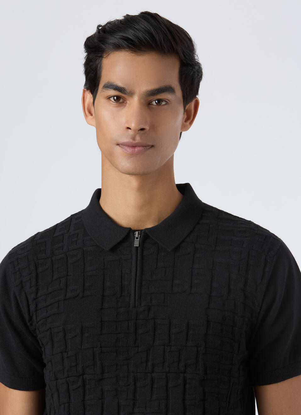 Men Black Letter Print Half Zip Polo Flat Knit, , large image number 4