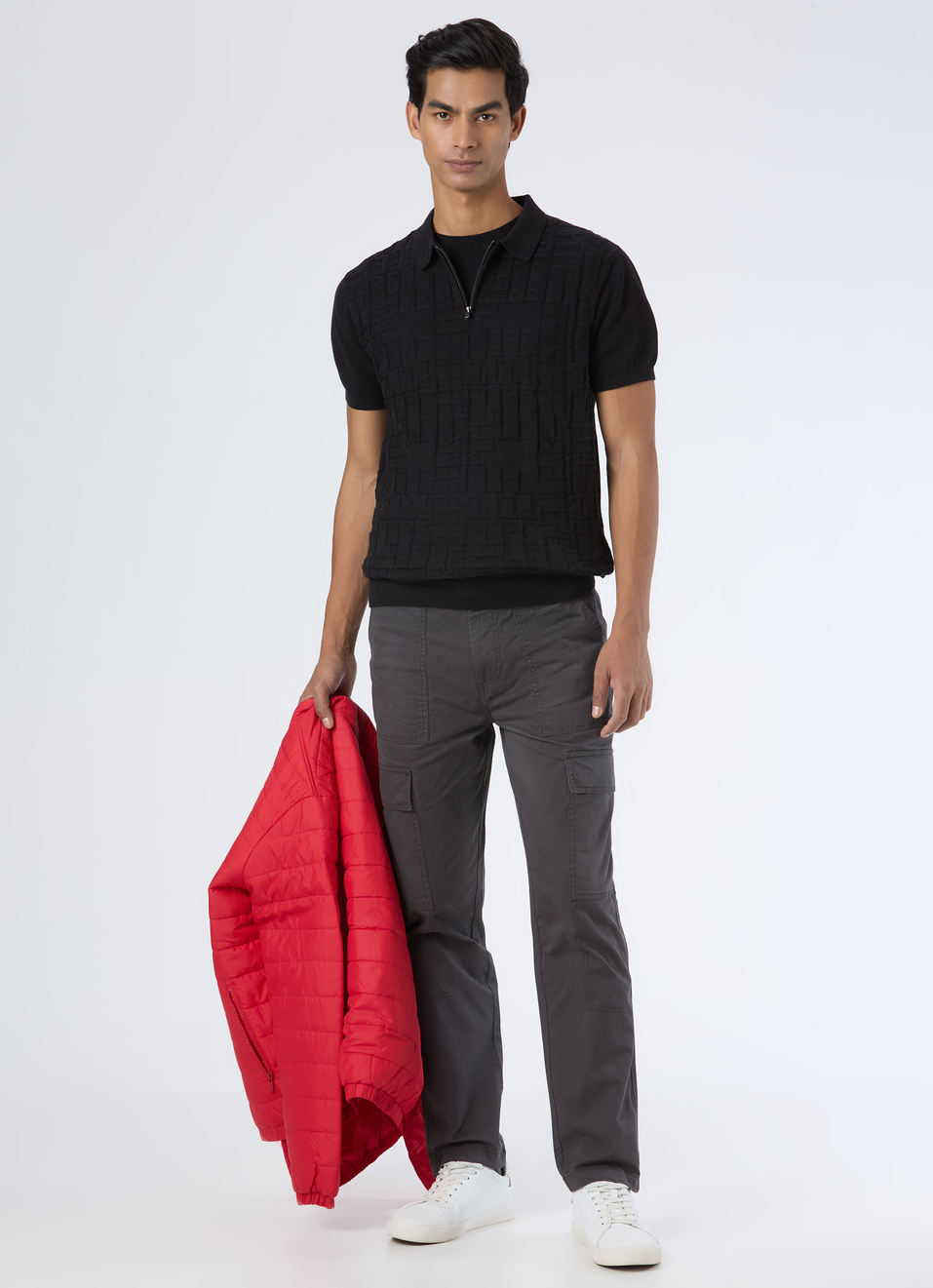 Men Black Letter Print Half Zip Polo Flat Knit, , large image number 5