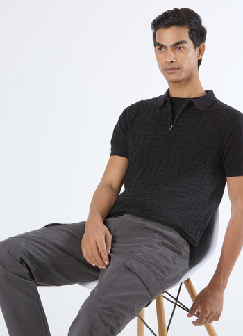 Men Black Letter Print Half Zip Polo Flat Knit