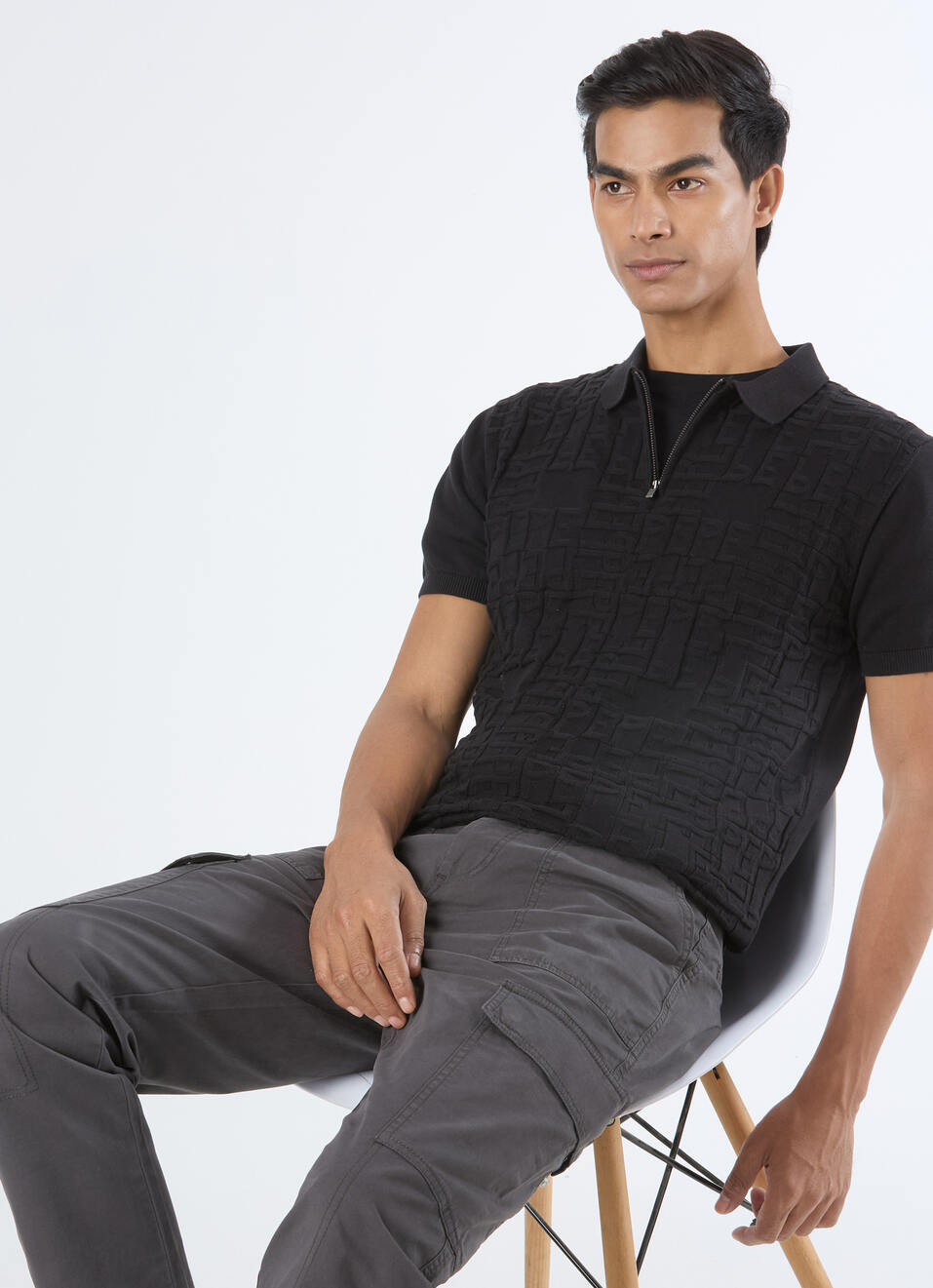 Men Black Letter Print Half Zip Polo Flat Knit, , large image number 0