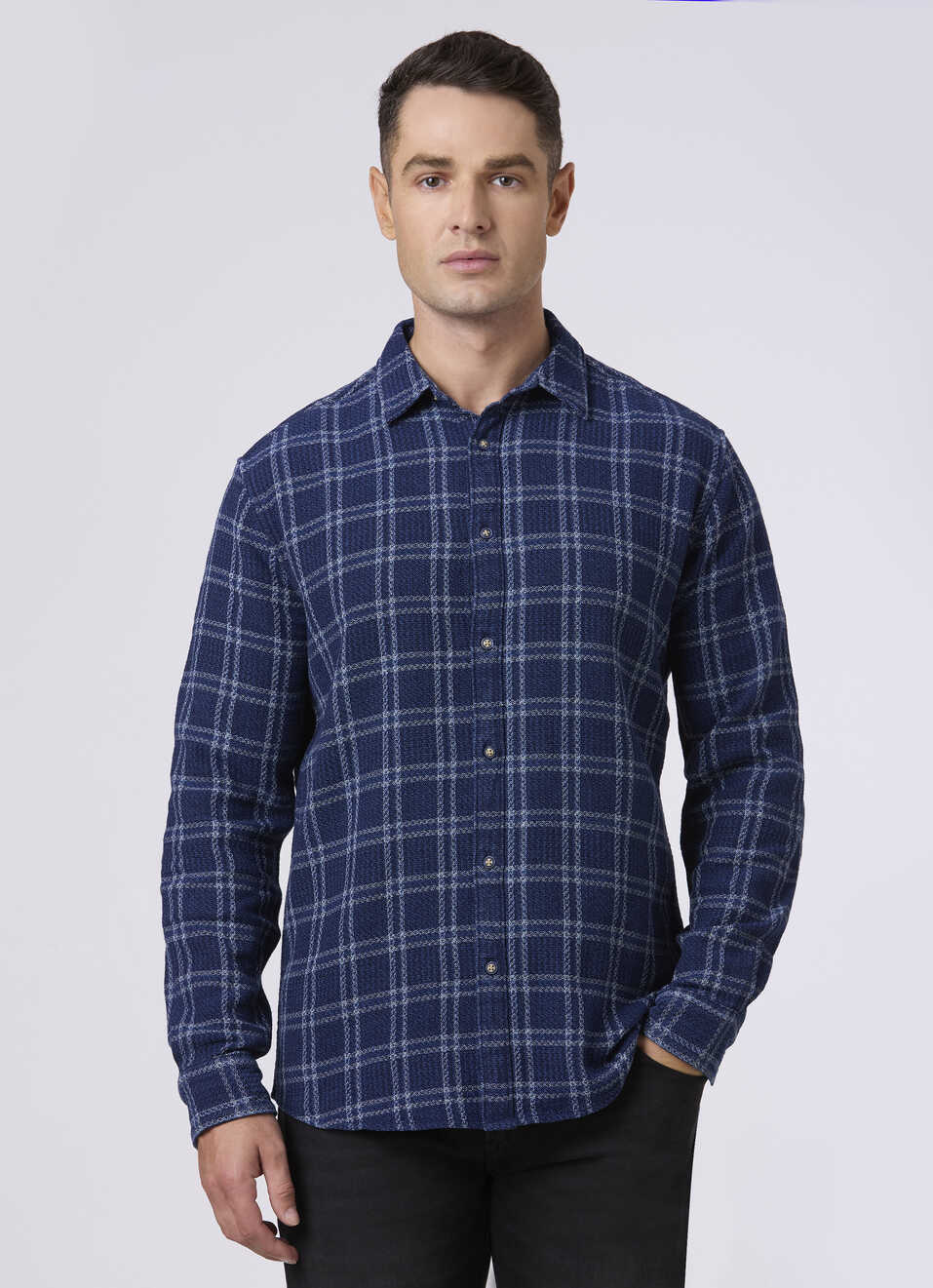 Men Indigo Blue Checked Flannel Casual Shirt, , large image number 1