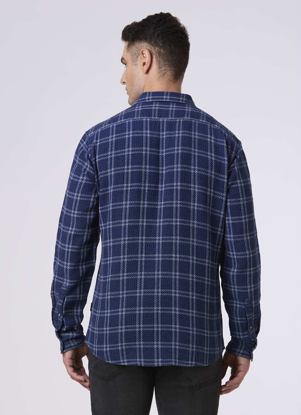 Men Indigo Blue Checked Flannel Casual Shirt, , large image number 2