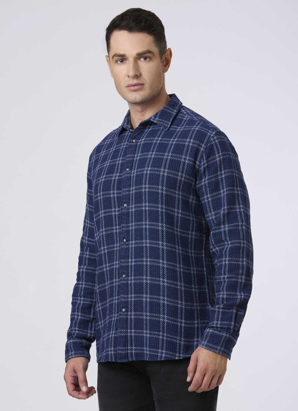 Men Indigo Blue Checked Flannel Casual Shirt, , large image number 3
