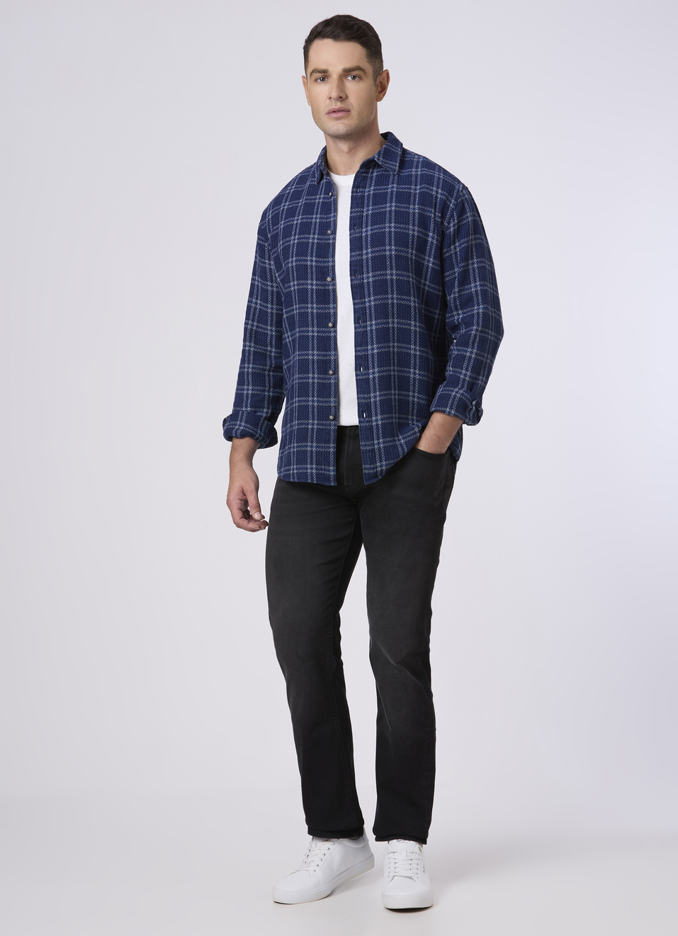 Men Indigo Blue Checked Flannel Casual Shirt, , large image number 5