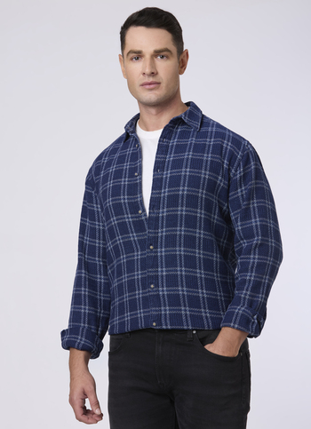 Men Indigo Blue Checked Flannel Casual Shirt