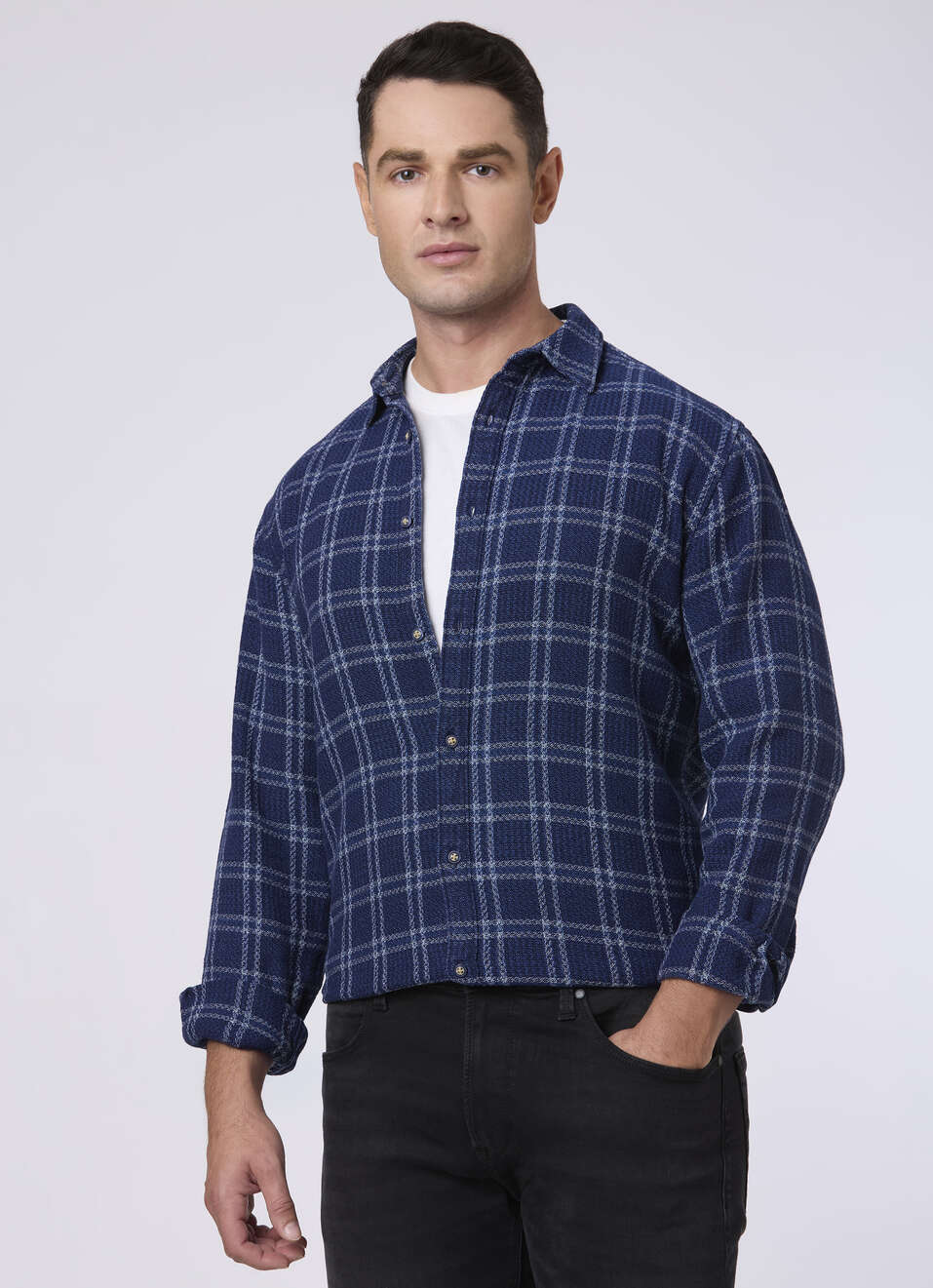 Men Indigo Blue Checked Flannel Casual Shirt, , large image number 0
