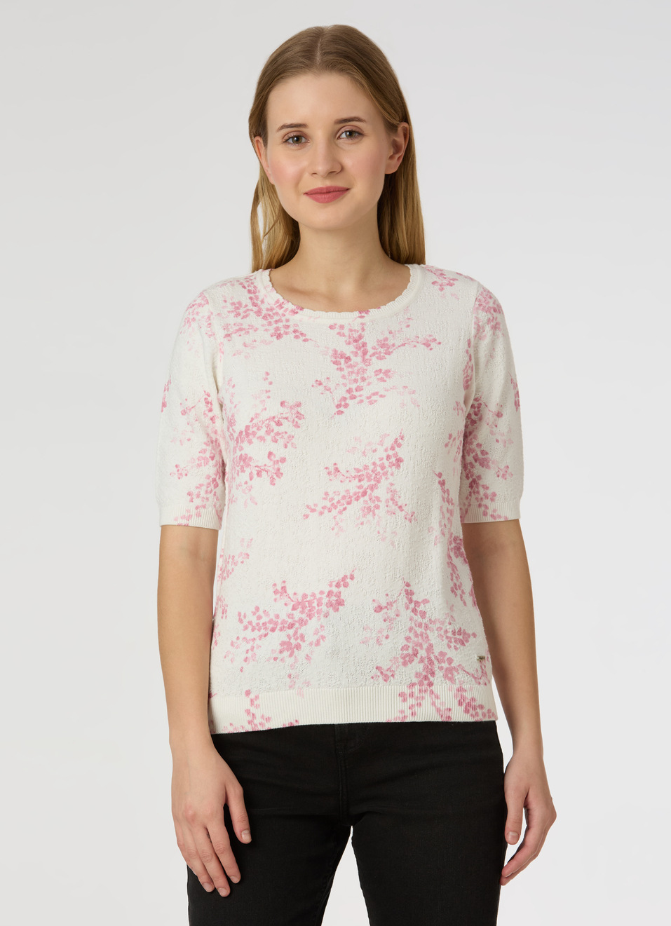 Women Pink Floral Print Short Sleeve Flat Knit Top, , large image number 1