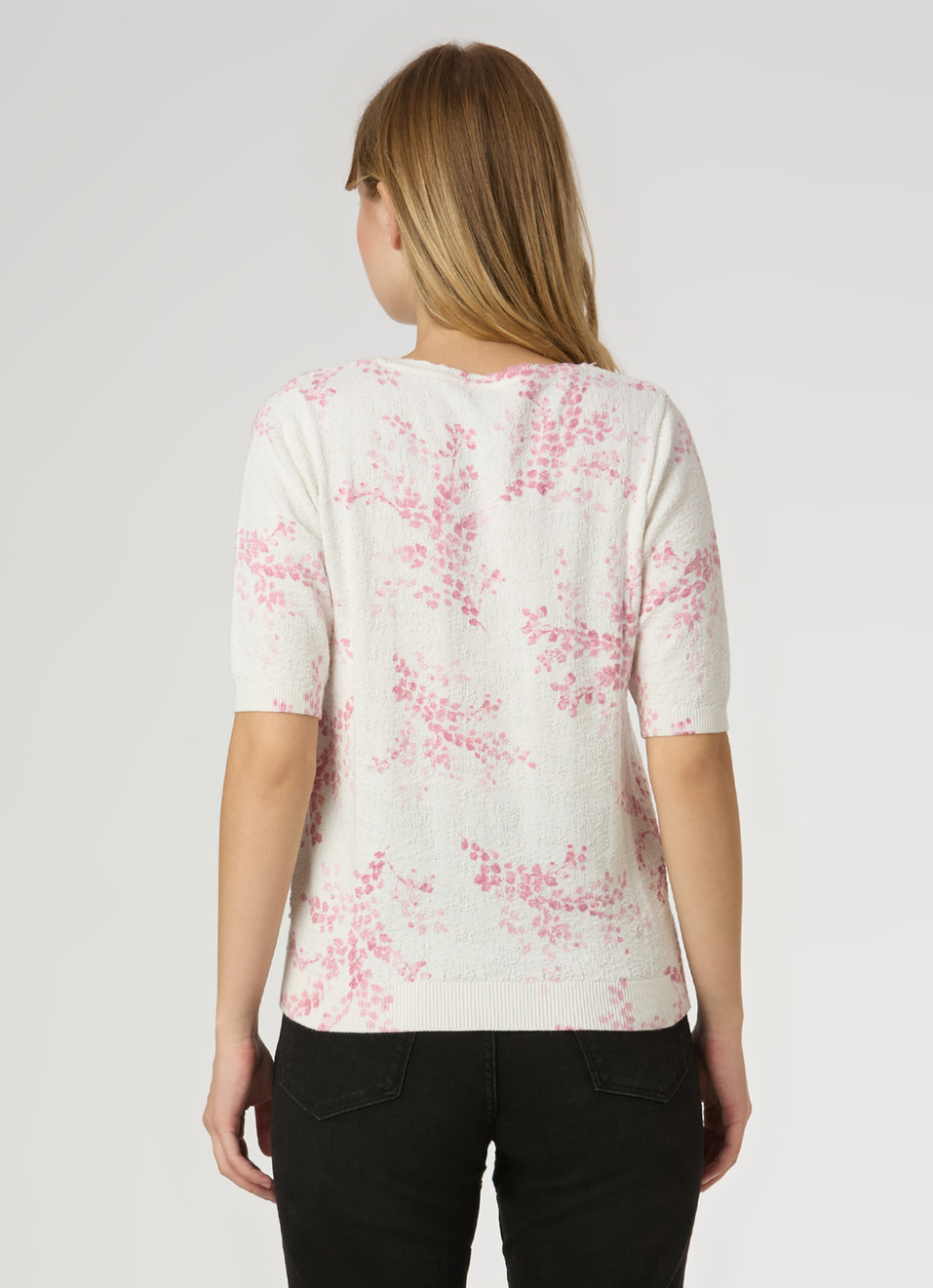 Women Pink Floral Print Short Sleeve Flat Knit Top, , large image number 2