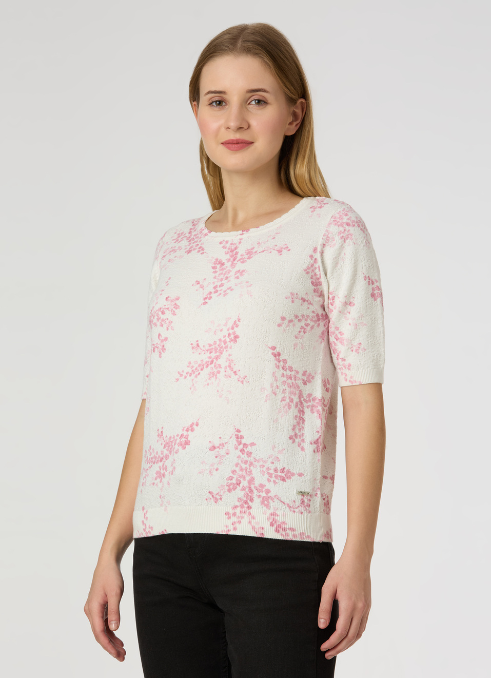 Women Pink Floral Print Short Sleeve Flat Knit Top, , large image number 3