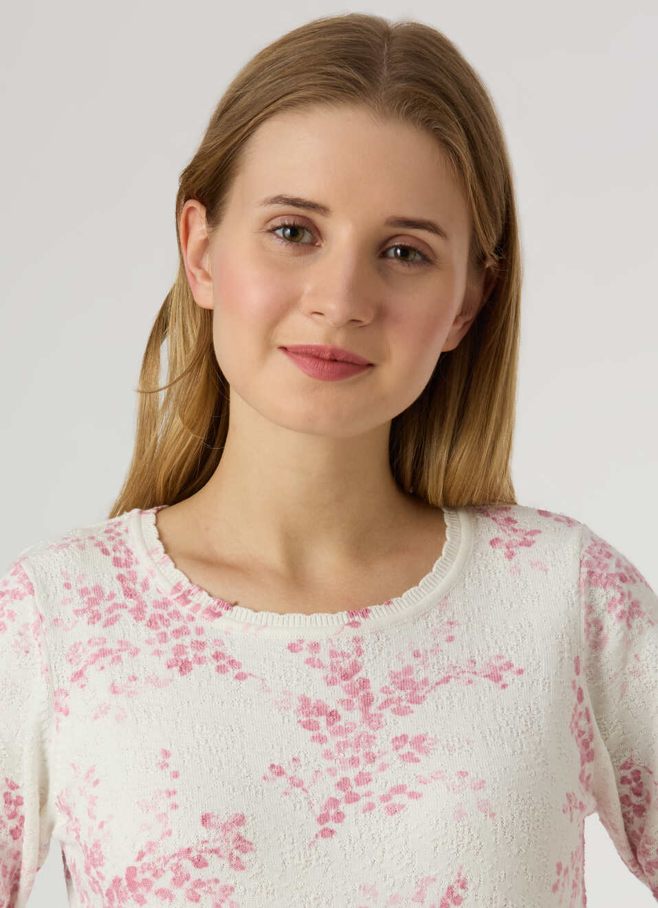 Women Pink Floral Print Short Sleeve Flat Knit Top, , large image number 4