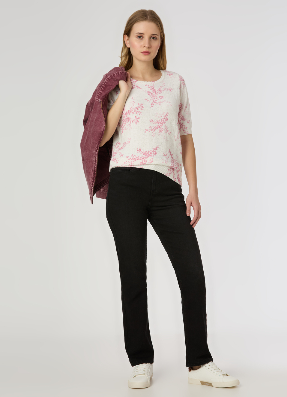 Women Pink Floral Print Short Sleeve Flat Knit Top, , large image number 5