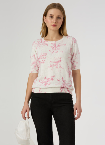 Women Pink Floral Print Short Sleeve Flat Knit Top