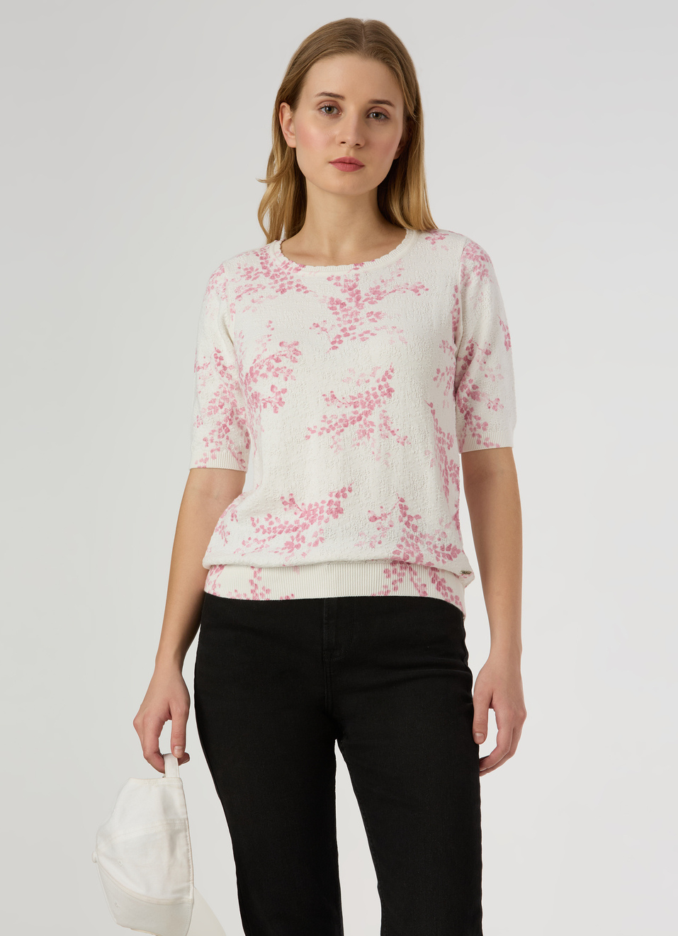 Women Pink Floral Print Short Sleeve Flat Knit Top, , large image number 0