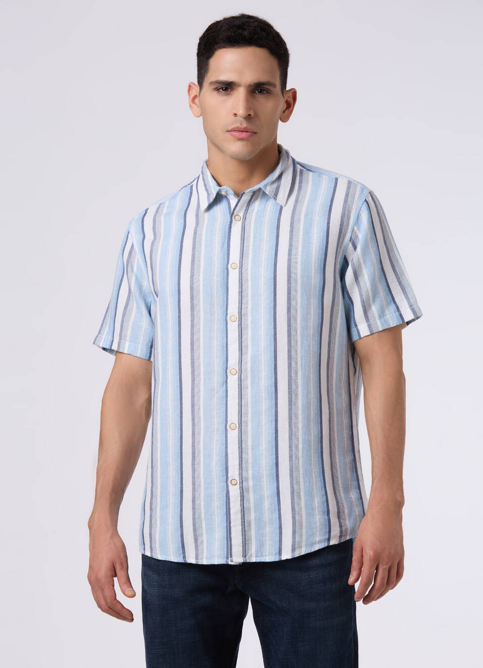 Men Blue Striped Regular Fit Short Sleeve Shirt, , large image number 1