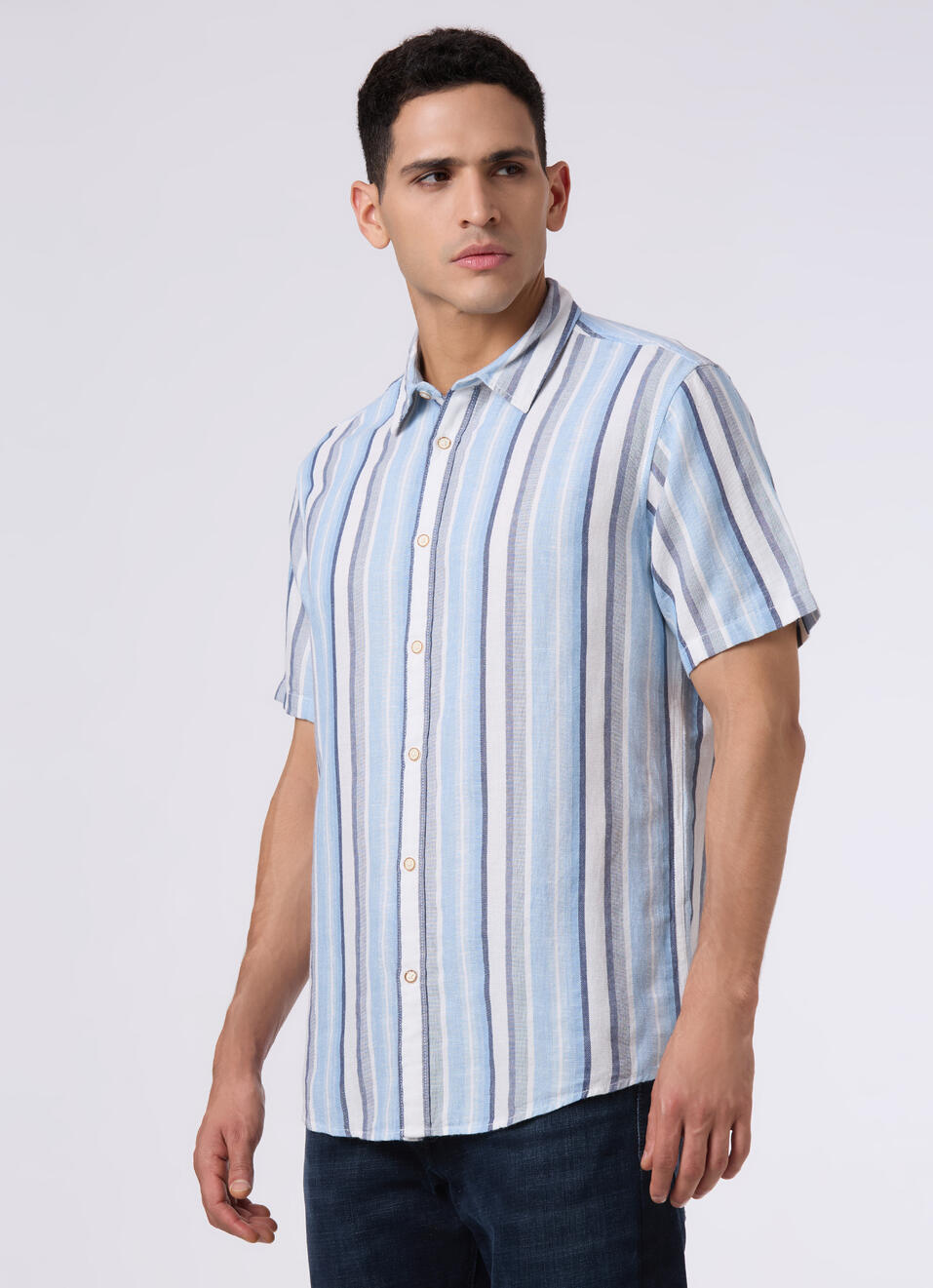 Men Blue Striped Regular Fit Short Sleeve Shirt, , large image number 3